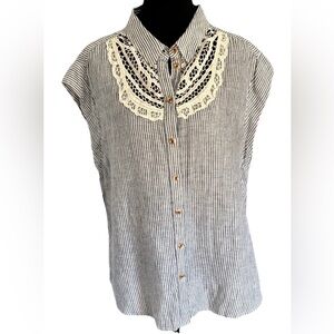 Anthropologie Maeve 100% Linen Striped Yoked Button Down Shirt Size M